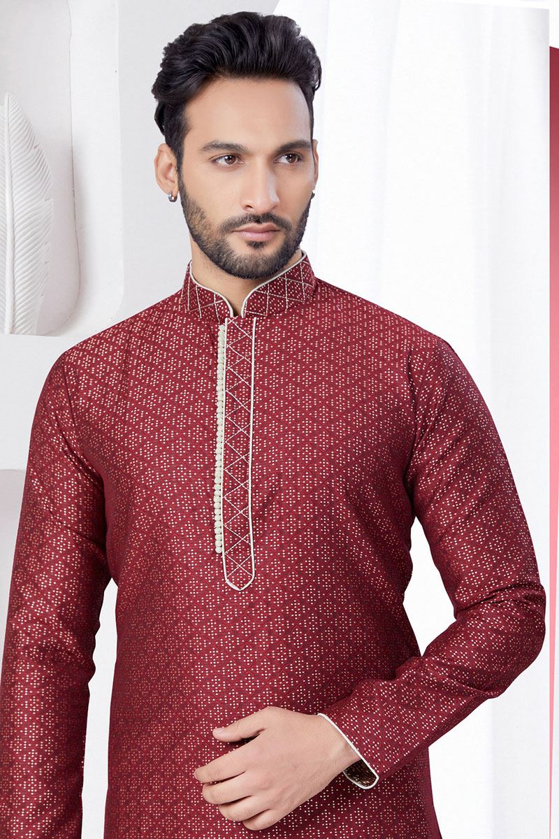 Impressive Maroon Designer Kurta and Churidar Set for Wedding and Reception