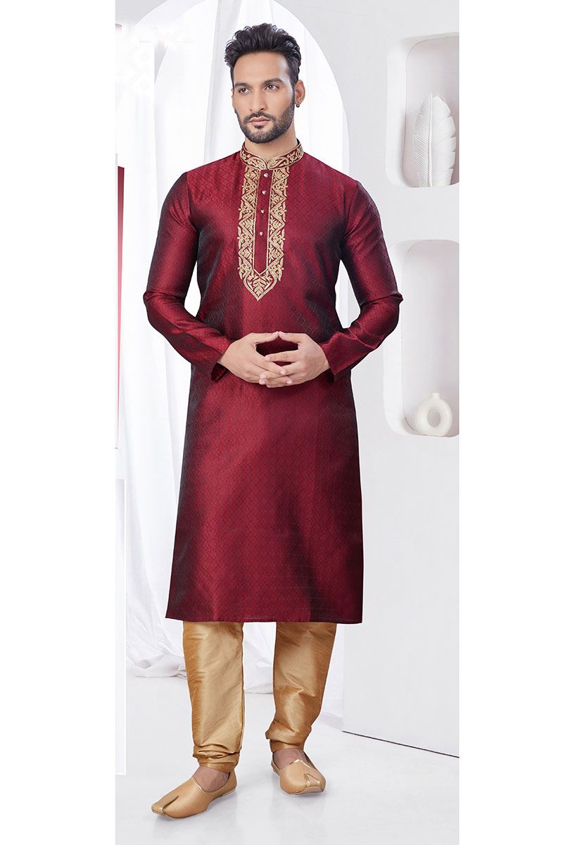 Majestic Maroon Designer Kurta and Churidar Set for Wedding and Engagement
