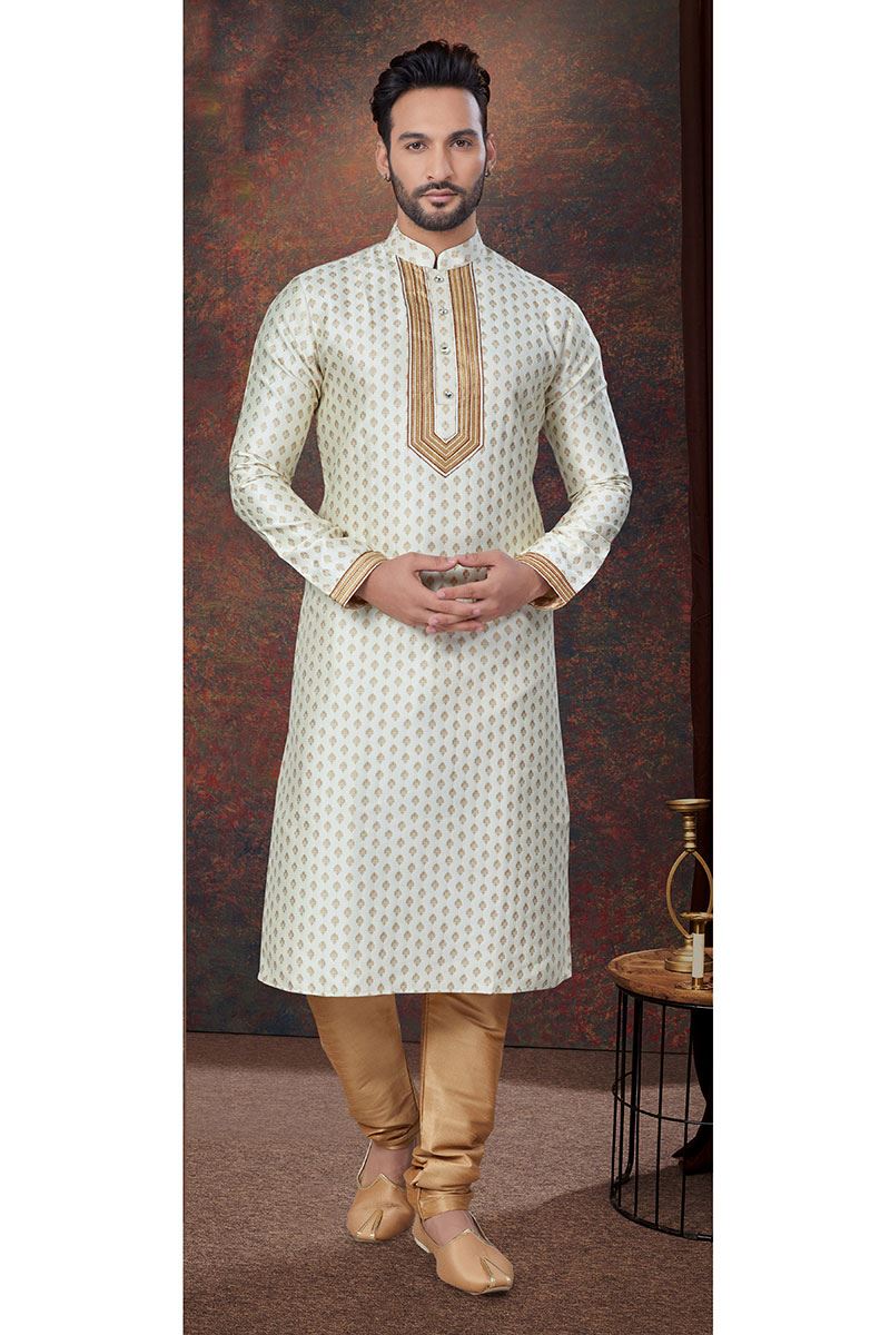 Appealing Cream Designer Kurta and Churidar Set for Wedding and Festivals