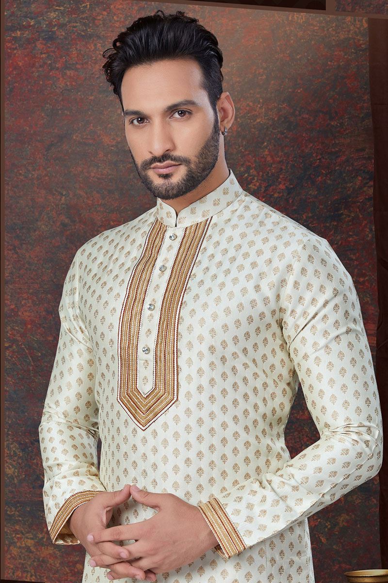 Appealing Cream Designer Kurta and Churidar Set for Wedding and Festivals
