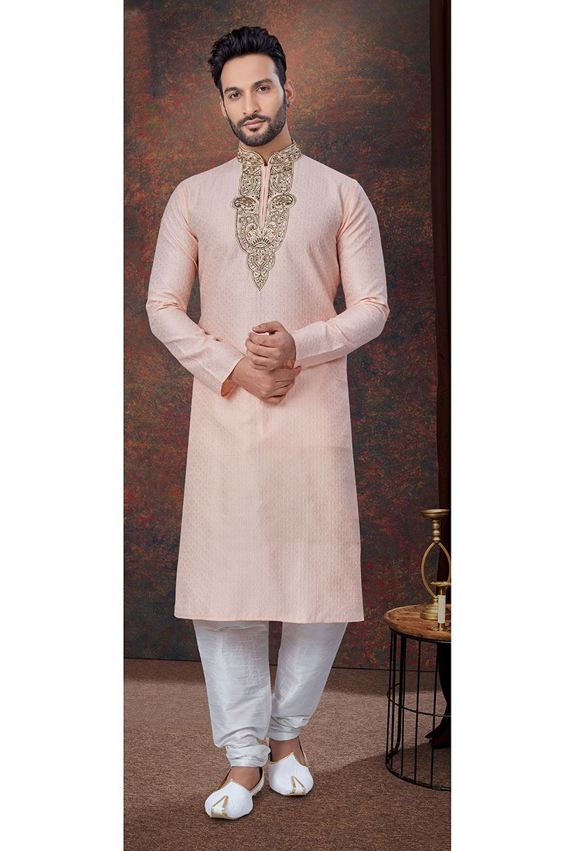 Fashionable Peach Designer Kurta and Churidar Set for Wedding and Engagement