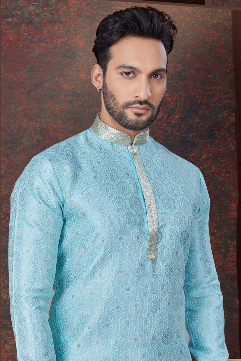 Marvelous Sky Blue Designer Kurta and Churidar Set for Party and Sangeet