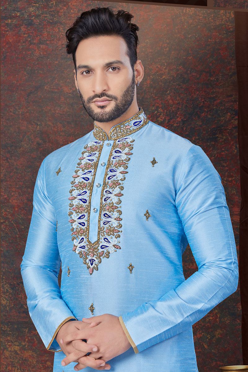 Charismatic Sky Blue Designer Kurta and Churidar Set for Wedding and Engagement