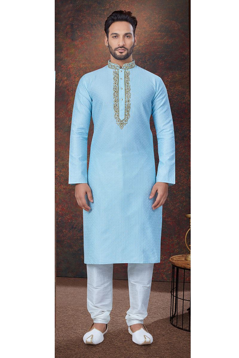 Splendid Sky Blue Designer Kurta and Churidar Set for Engagement, Wedding, and Festivals