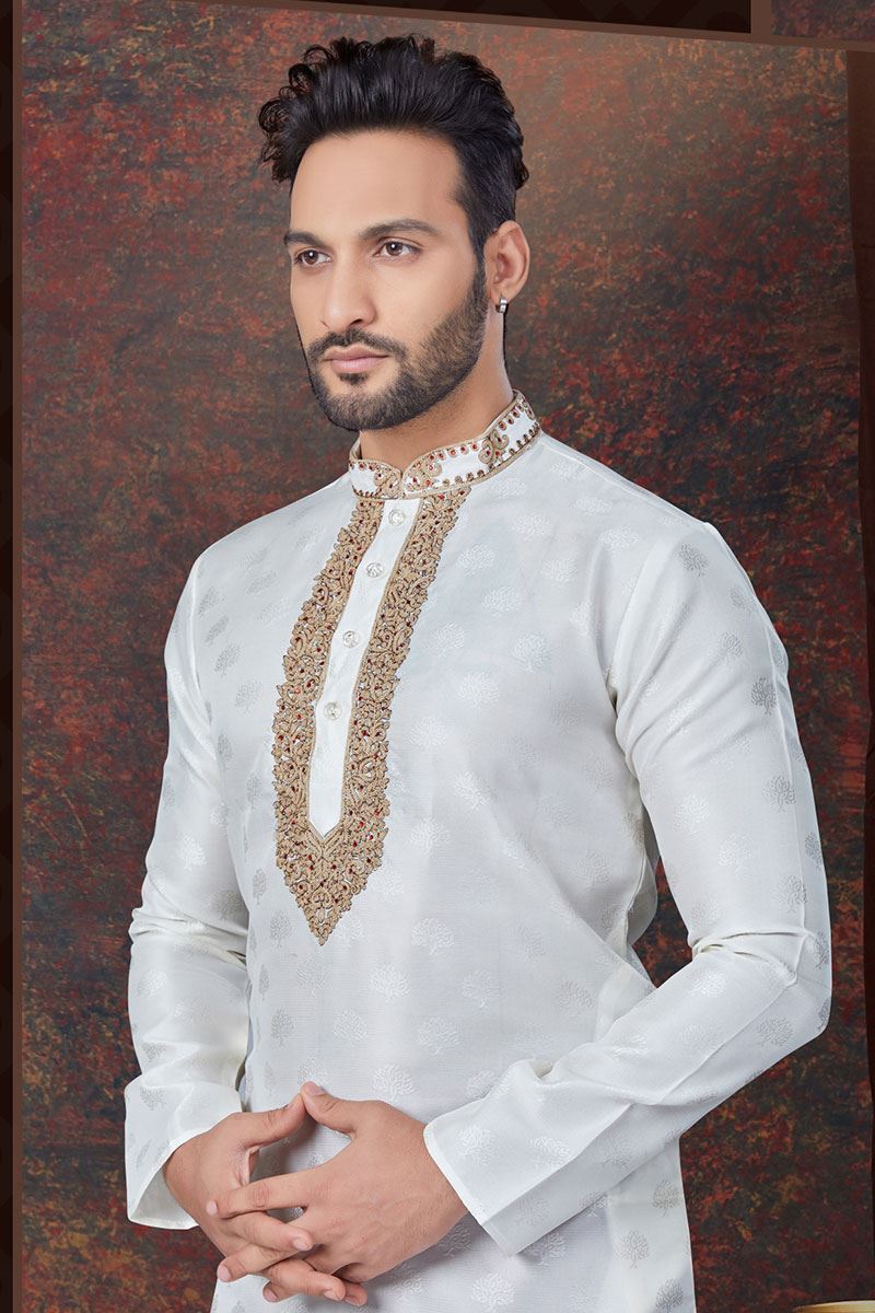 Attractive Off-White Designer Kurta and Churidar Set for Wedding