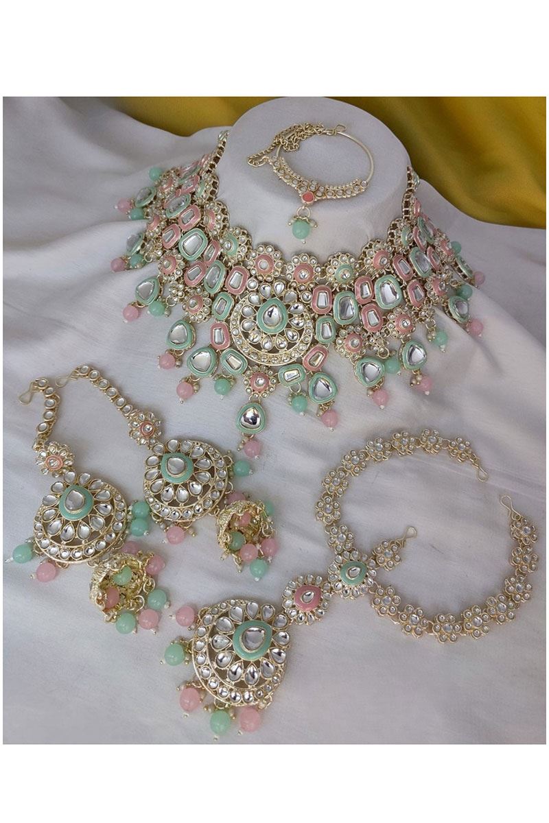 Fascinating Mint Green and Baby Pink Bridal Designer Necklace Set for an Engagement and Reception