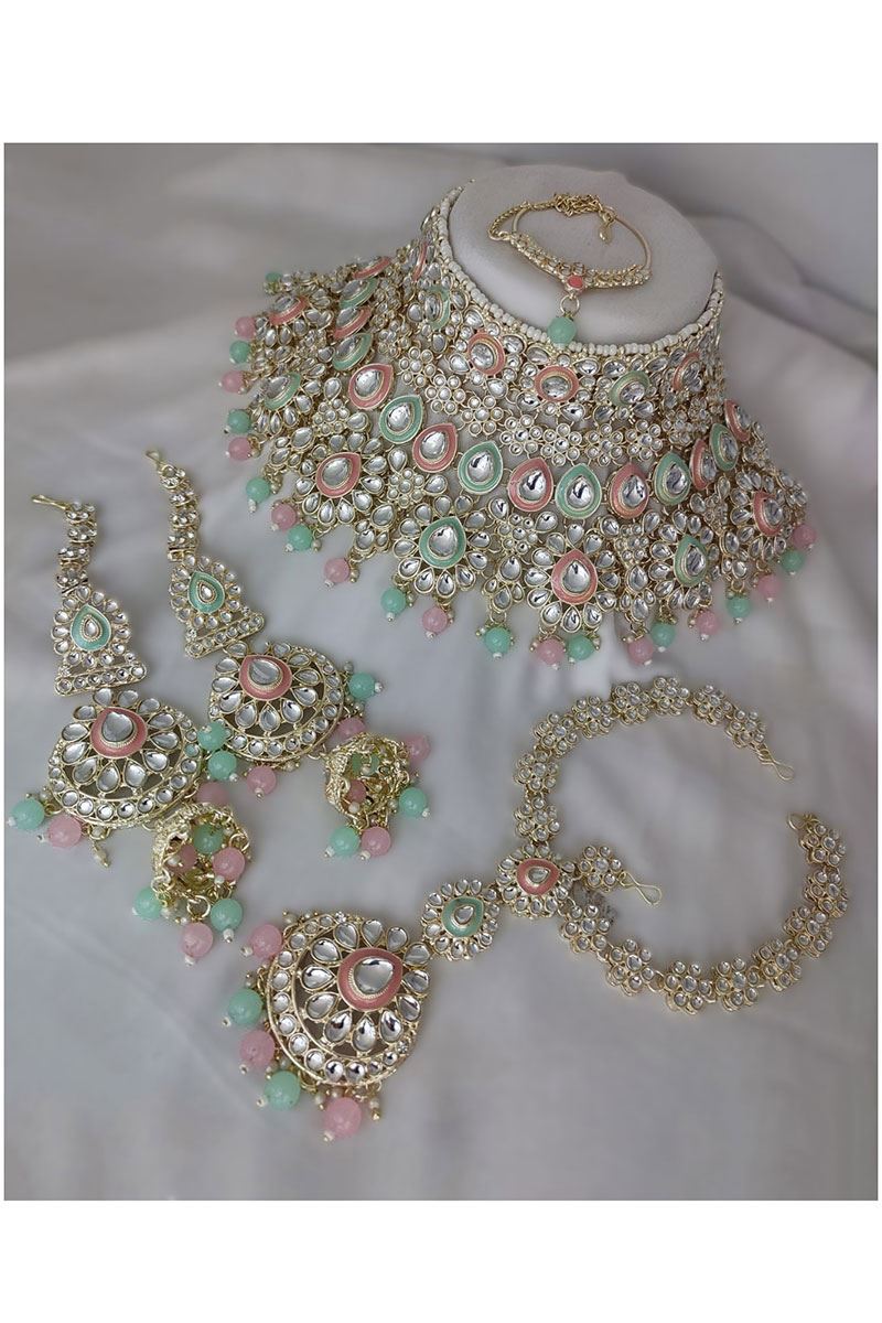 Captivating Baby Pink and Mint Green Bridal Designer Necklace Set for an Engagement and Reception