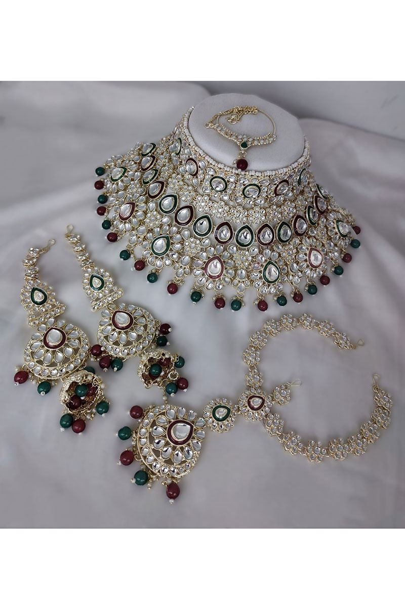 Breathtaking Maroon and Green Bridal Designer Necklace Set for a Wedding and Reception