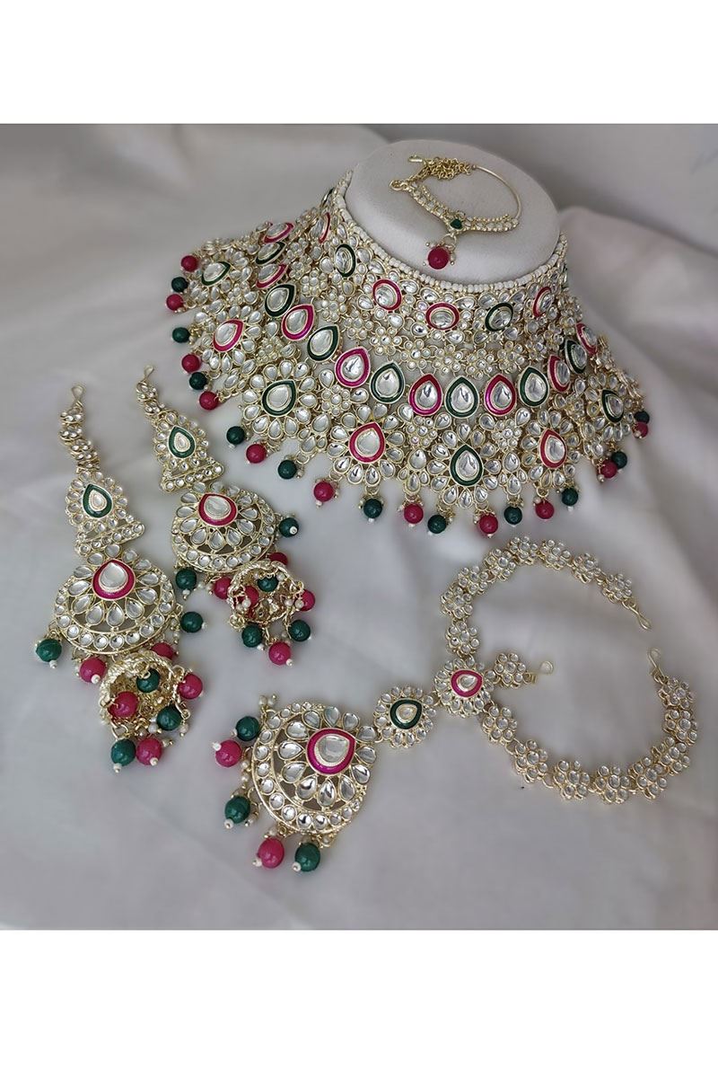 Vibrant Rani Pink and Green Bridal Designer Necklace Set for a Wedding and Reception