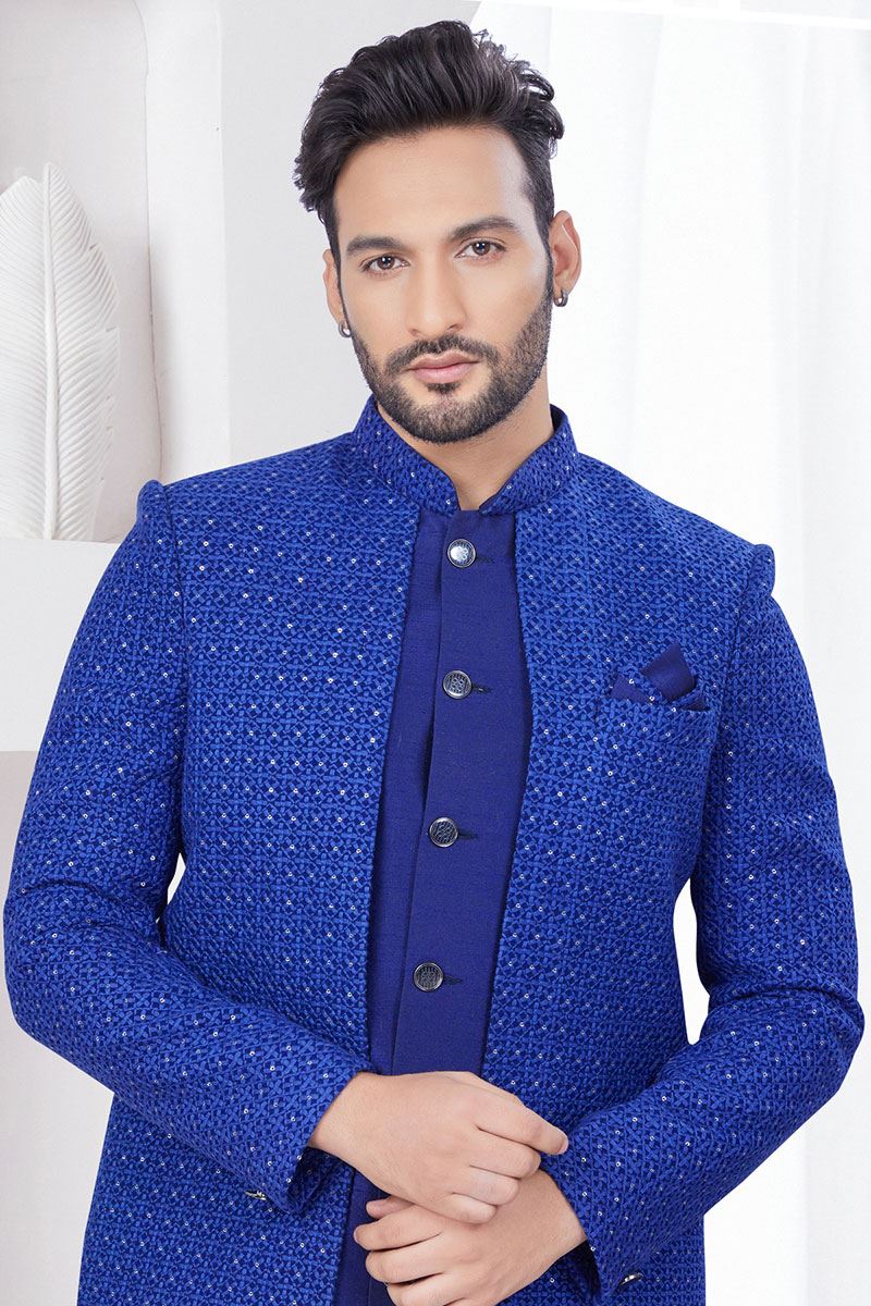 Dashing Navy Blue Designer Indo-Western Men’s Wear for Reception, Engagement, and Party