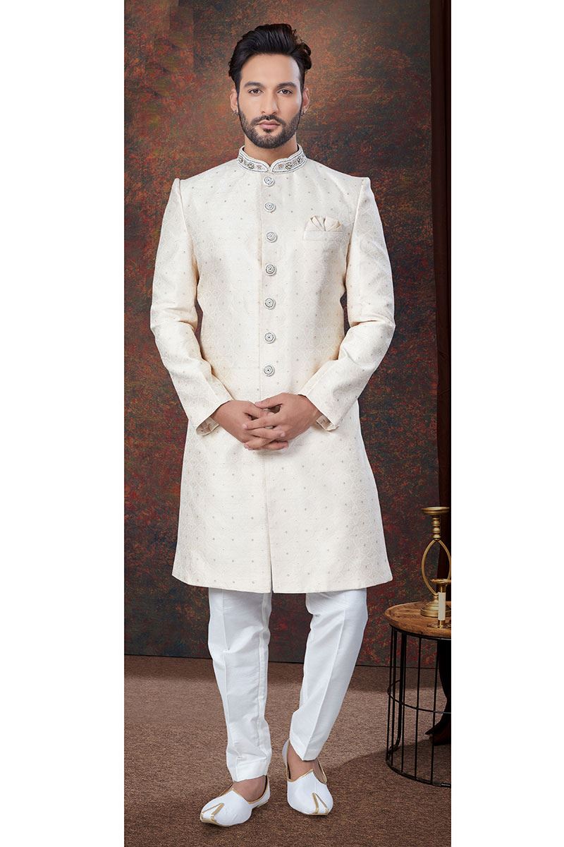 Charismatic Cream Designer Indo-Western Sherwani for Reception, Wedding and Engagement