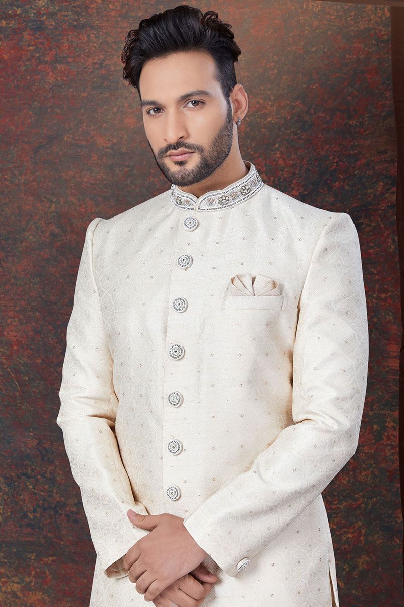 Charismatic Cream Designer Indo-Western Sherwani for Reception, Wedding and Engagement