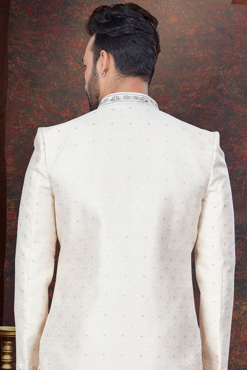 Charismatic Cream Designer Indo-Western Sherwani for Reception, Wedding and Engagement