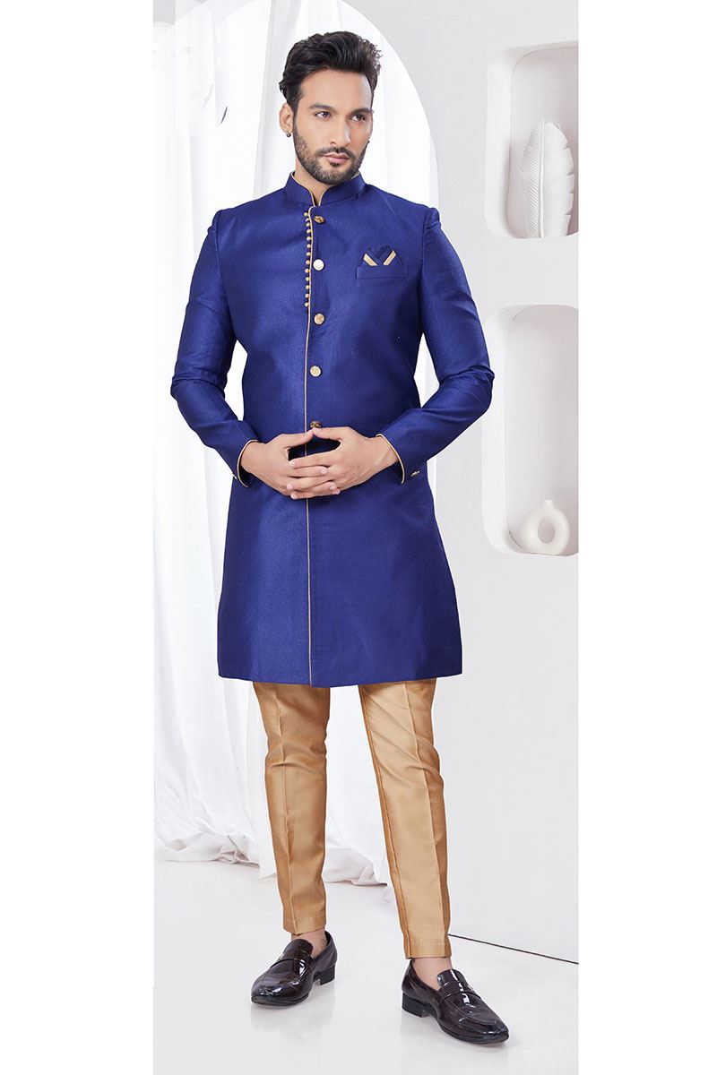 Amazing Navy Blue Designer Indo-Western Sherwani for Reception, Wedding, and Engagement