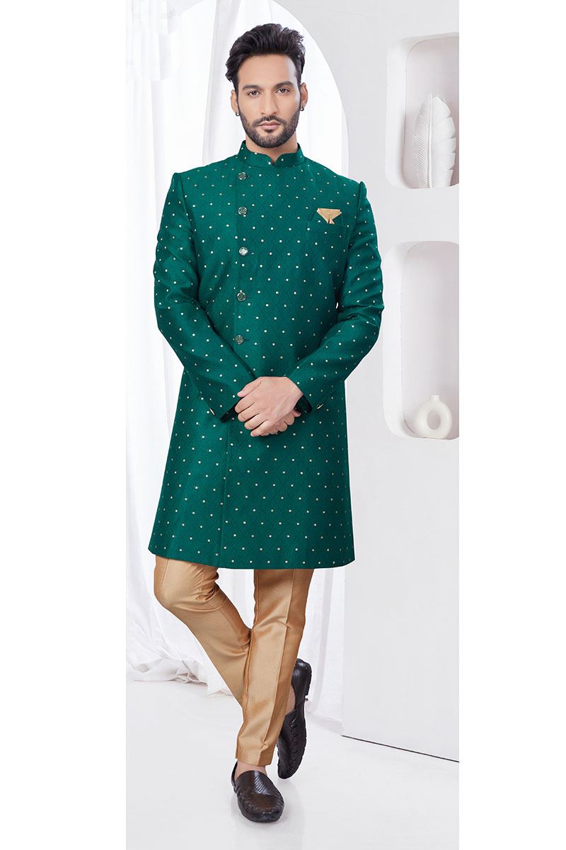 Impressive Green Designer Indo-Western Sherwani for Mehendi and Party