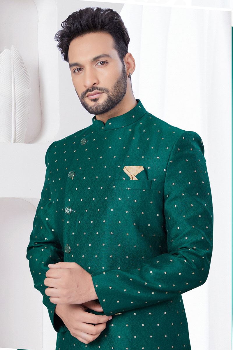 Impressive Green Designer Indo-Western Sherwani for Mehendi and Party