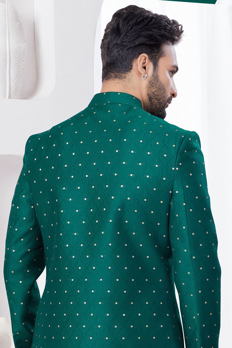 Impressive Green Designer Indo-Western Sherwani for Mehendi and Party