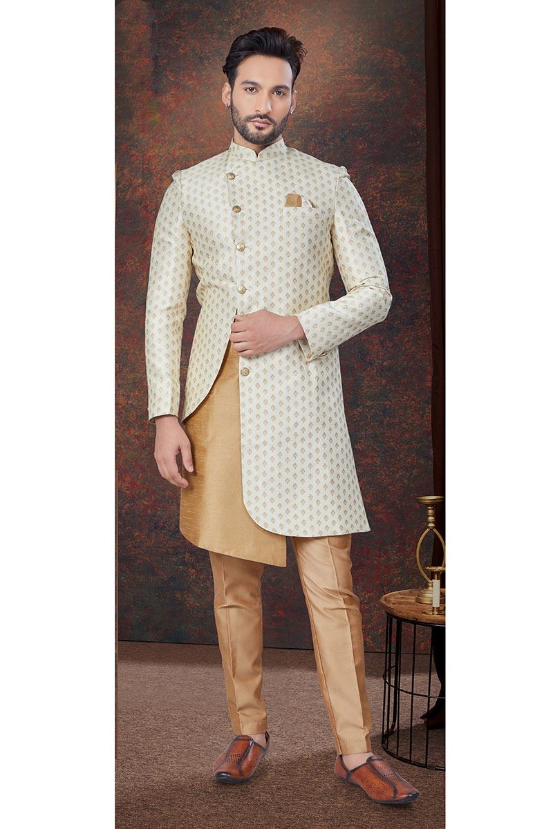 Artistic Cream with Chikoo Designer Indo-Western Sherwani for Reception and Party