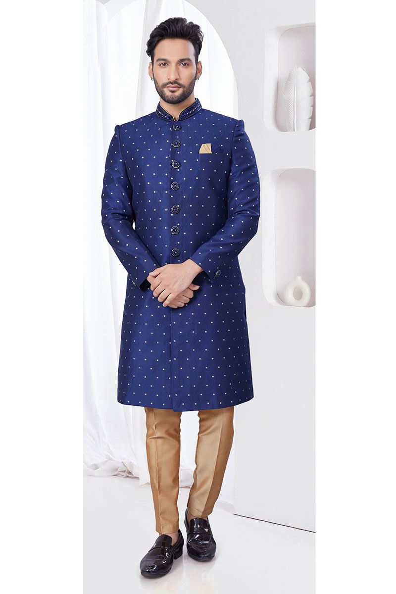 Aesthetic Navy Blue Designer Indo-Western Sherwani for Reception, Wedding, and Party