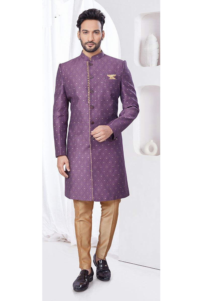 Exquisite Light Wine Designer Indo-Western Sherwani for Reception and Engagement