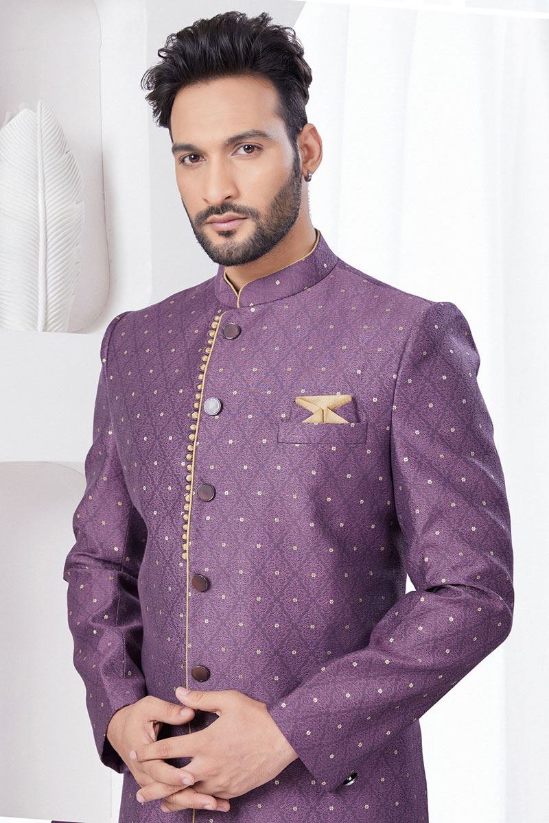 Exquisite Light Wine Designer Indo-Western Sherwani for Reception and Engagement