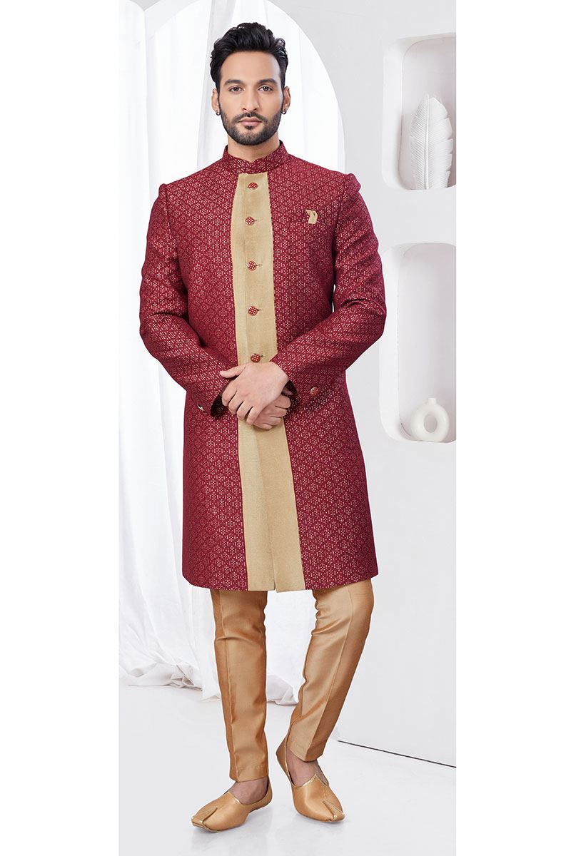 Charming Marron with Chikoo Designer Indo-Western Sherwani for Reception and Wedding