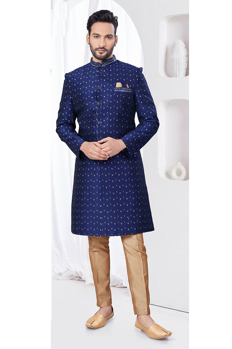 Exuberant Navy Blue Designer Indo-Western Sherwani for Reception, Wedding, and Party