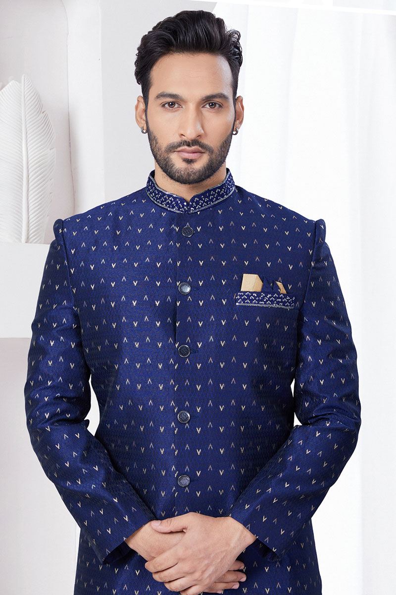Exuberant Navy Blue Designer Indo-Western Sherwani for Reception, Wedding, and Party