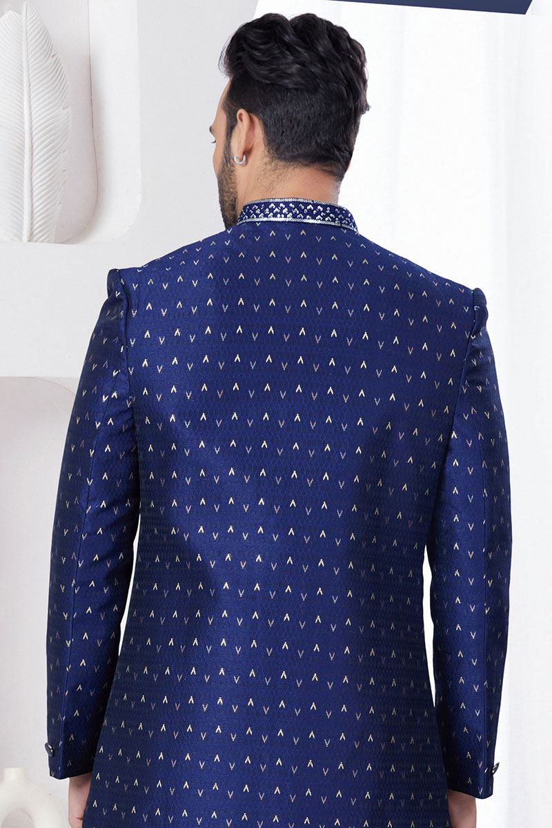 Exuberant Navy Blue Designer Indo-Western Sherwani for Reception, Wedding, and Party