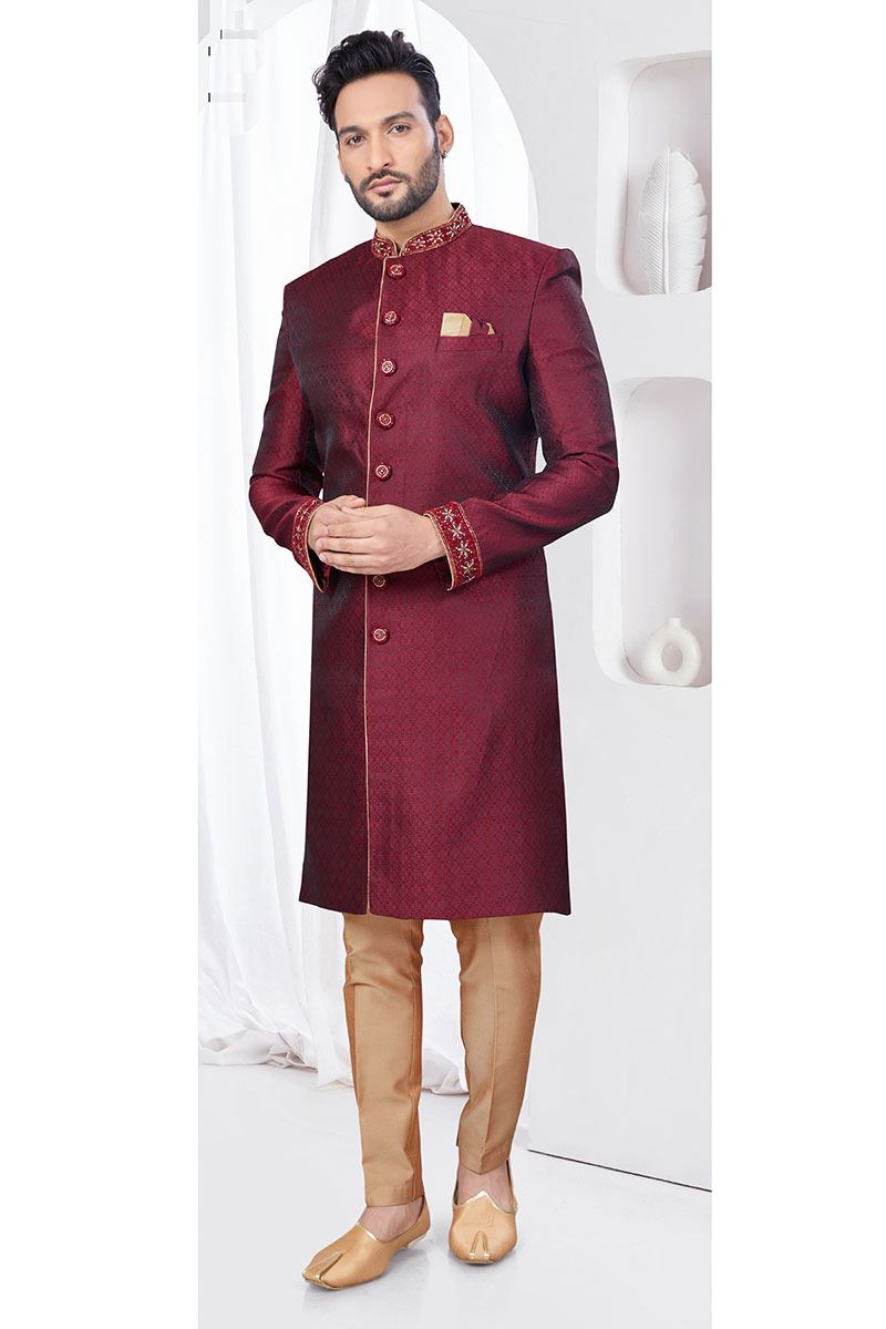 Classy Marron Designer Indo-Western Sherwani for Reception, Wedding