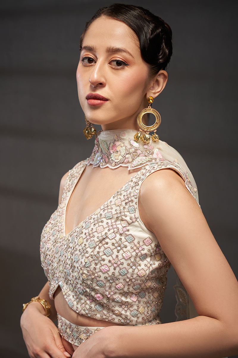 Breathtaking Cream Colored Designer Lehenga Choli