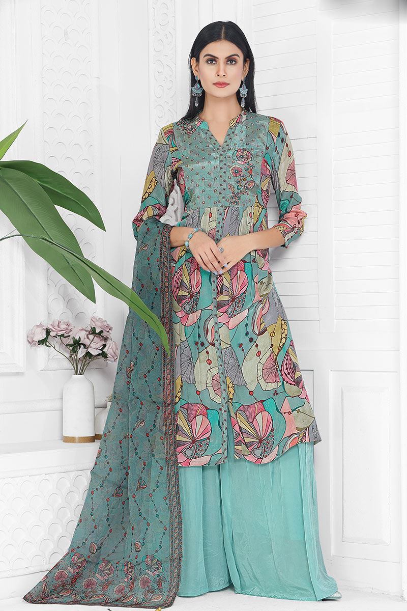 Exuberant Sky Blue Designer Palazzo Suit for Festival and Party