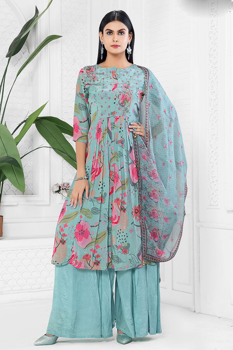 ExquisiteSky Blue Designer Palazzo Suit for Festival and Party