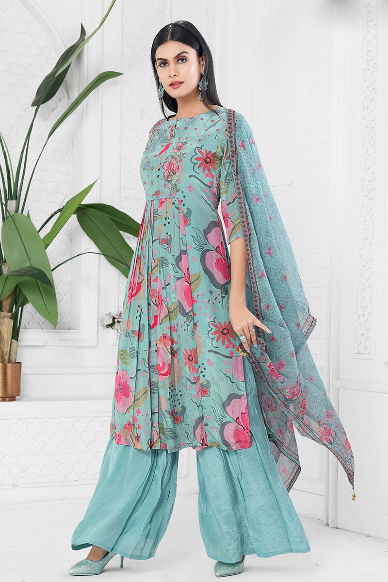 ExquisiteSky Blue Designer Palazzo Suit for Festival and Party