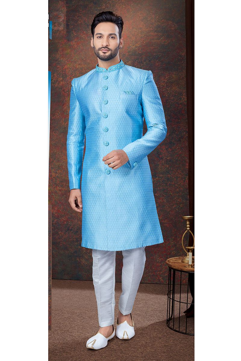 Appealing Sky Blue Designer Indo-Western Sherwani for Engagement and Reception