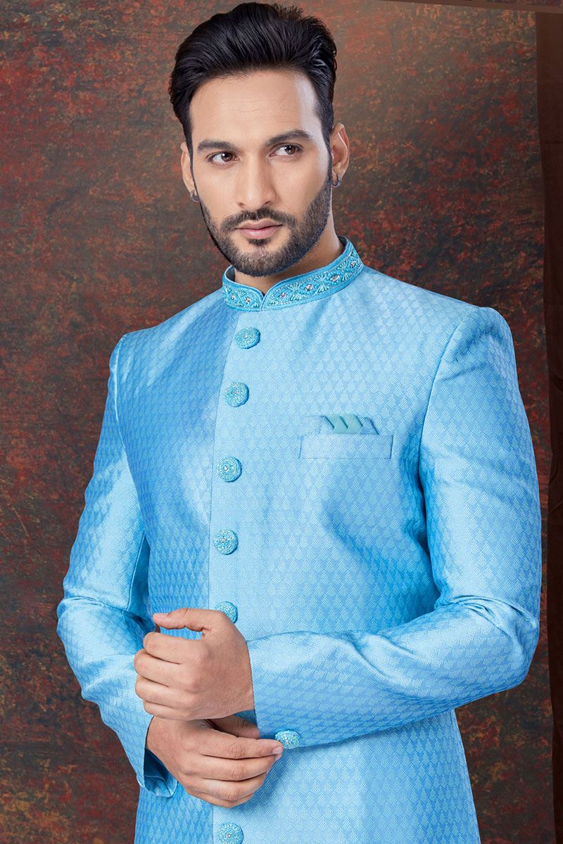 Appealing Sky Blue Designer Indo-Western Sherwani for Engagement and Reception