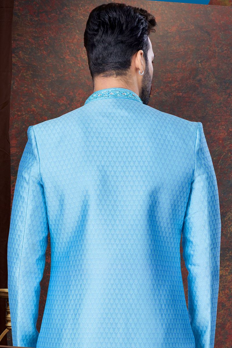 Appealing Sky Blue Designer Indo-Western Sherwani for Engagement and Reception