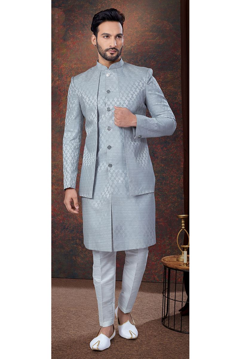 Fashionable Grey Designer Indo-Western Men’s Wear for Reception, Engagement, and Party