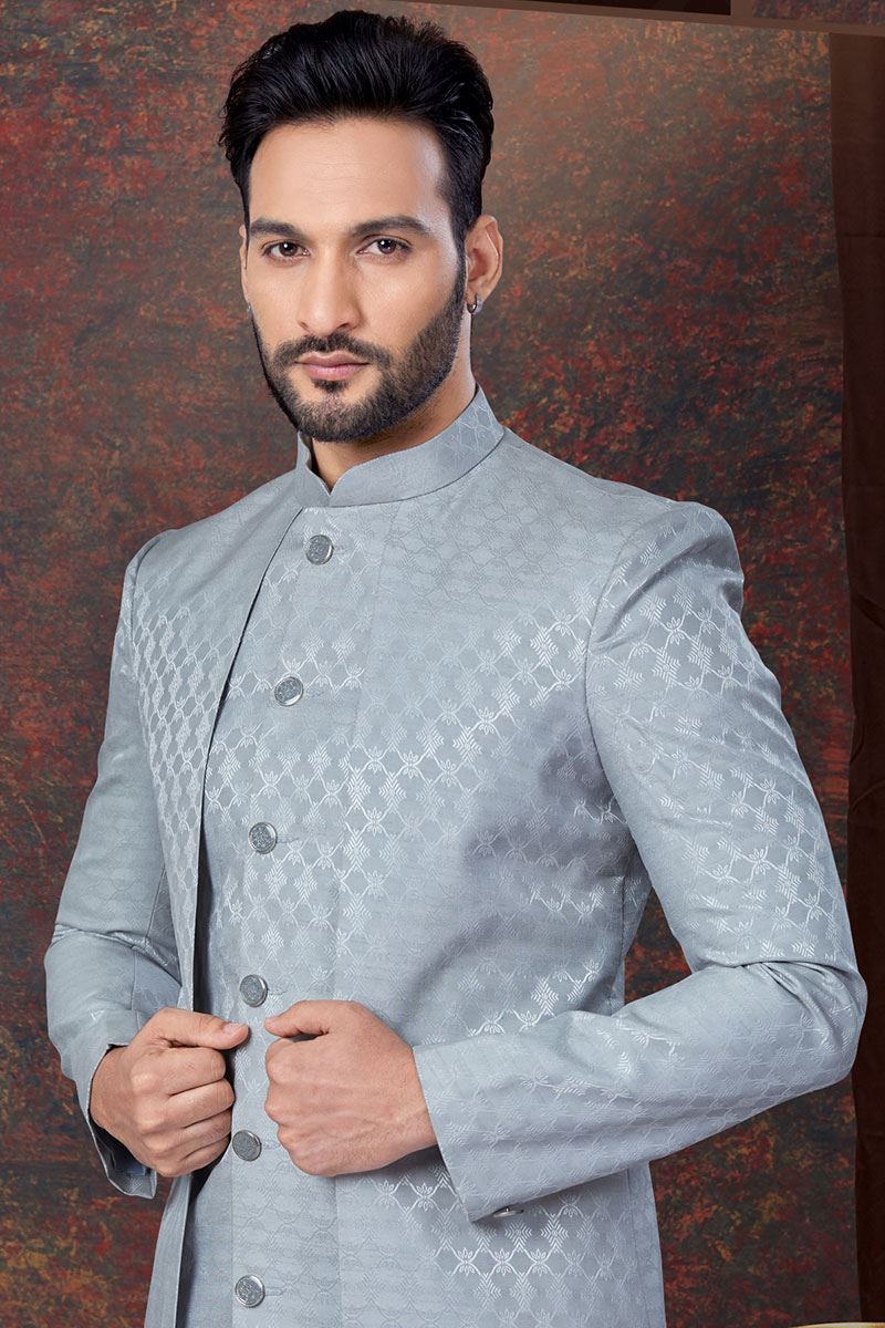 Fashionable Grey Designer Indo-Western Men’s Wear for Reception, Engagement, and Party