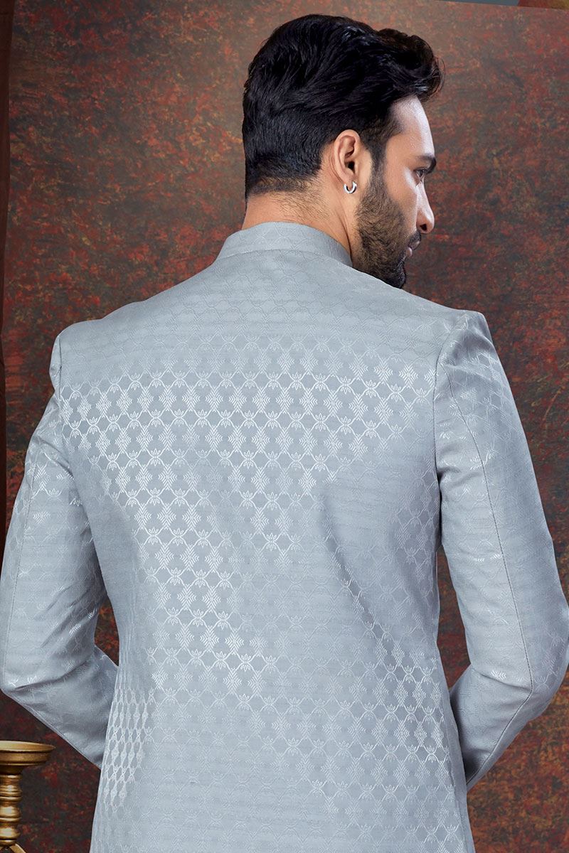 Fashionable Grey Designer Indo-Western Men’s Wear for Reception, Engagement, and Party