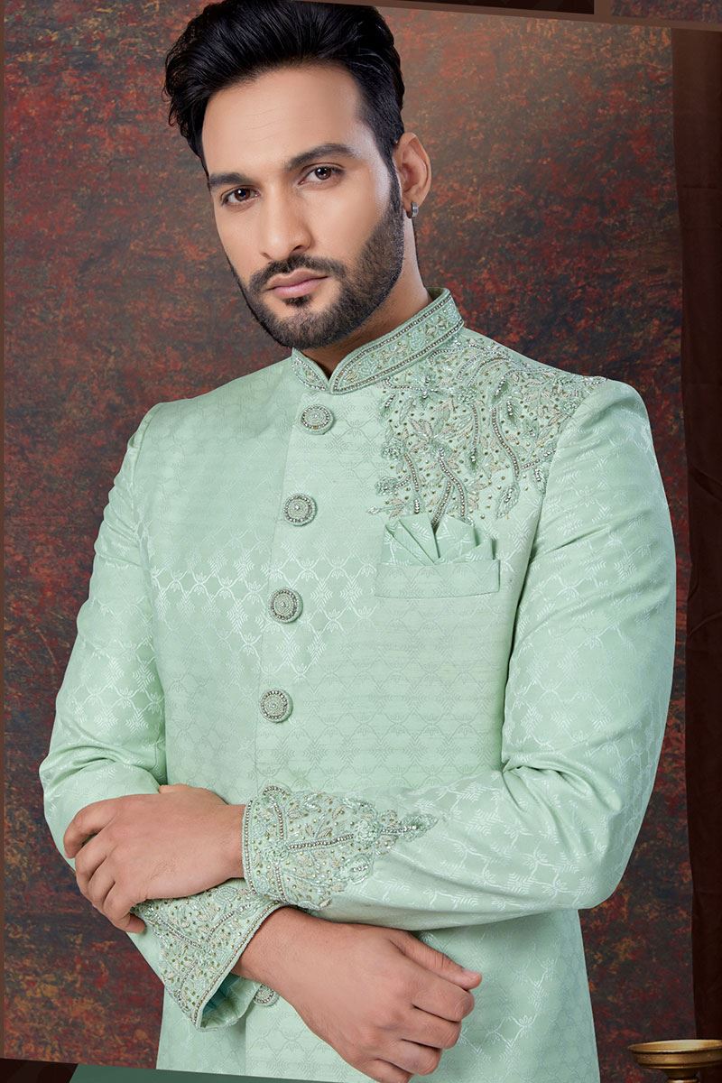 Fancy Pista Designer Indo-Western Sherwani for Engagement and Reception