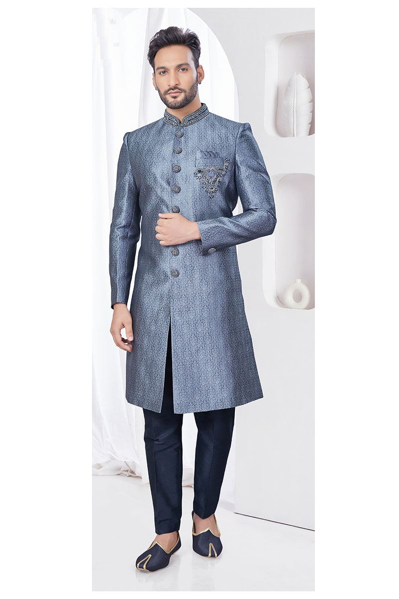 Dashing Grey Designer Indo-Western Sherwani for Wedding and Reception