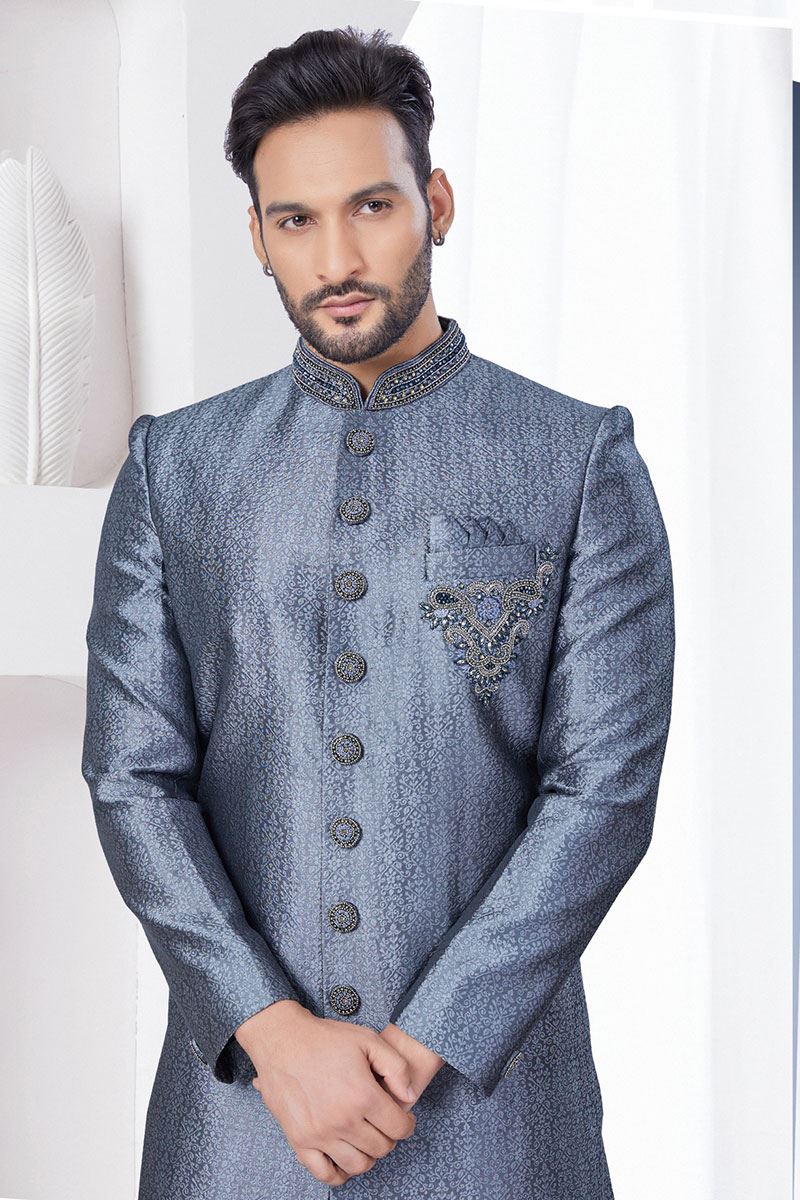Dashing Grey Designer Indo-Western Sherwani for Wedding and Reception