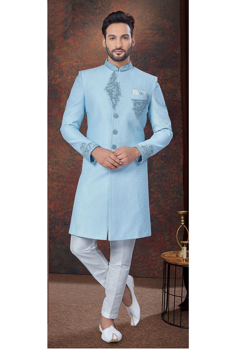 Charismatic Sky Blue Designer Indo-Western Sherwani for Engagement and Reception