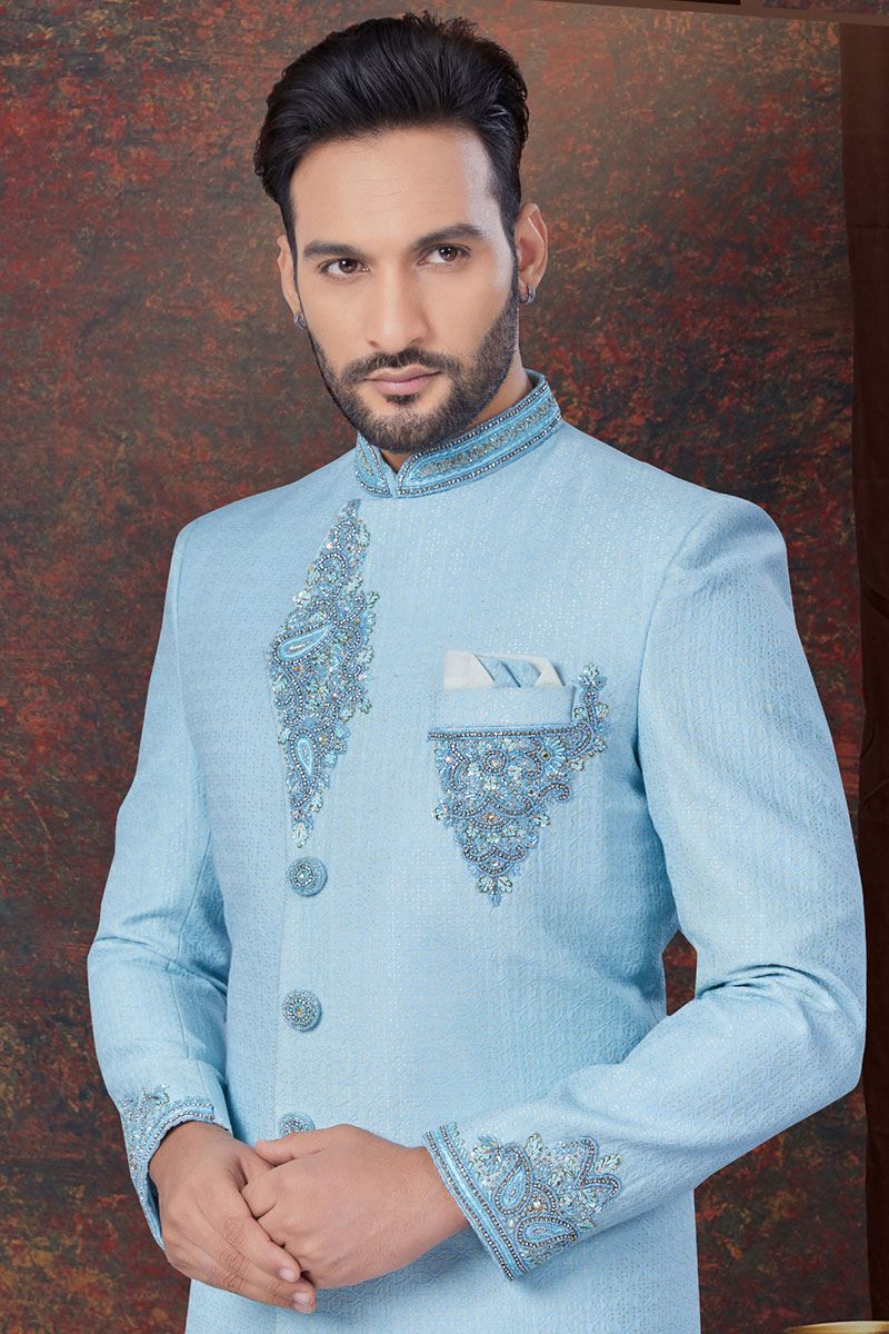 Charismatic Sky Blue Designer Indo-Western Sherwani for Engagement and Reception