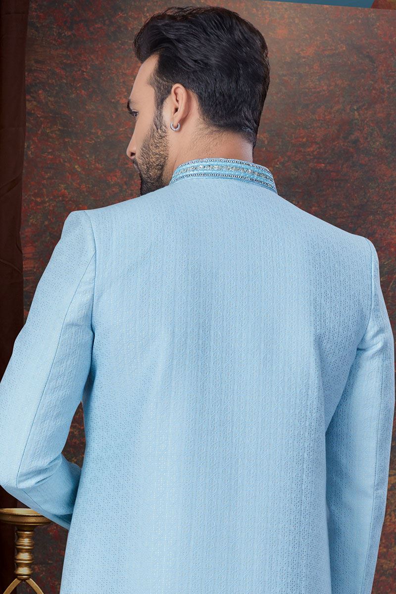 Charismatic Sky Blue Designer Indo-Western Sherwani for Engagement and Reception