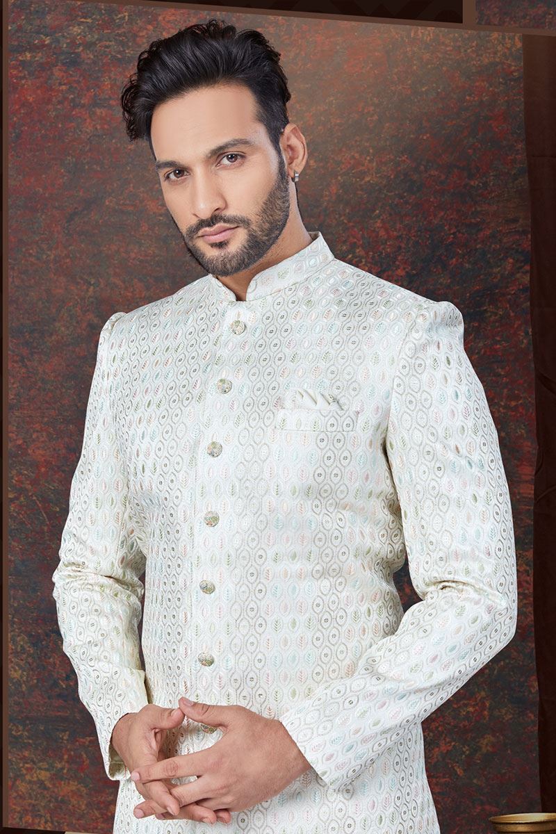 Captivating Cream Designer Indo-Western Sherwani for Engagement and Party