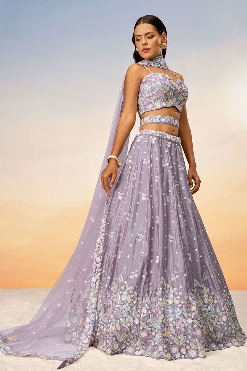 Smashing Mauve Designer Indo-Western Lehenga Choli for Reception and Engagement