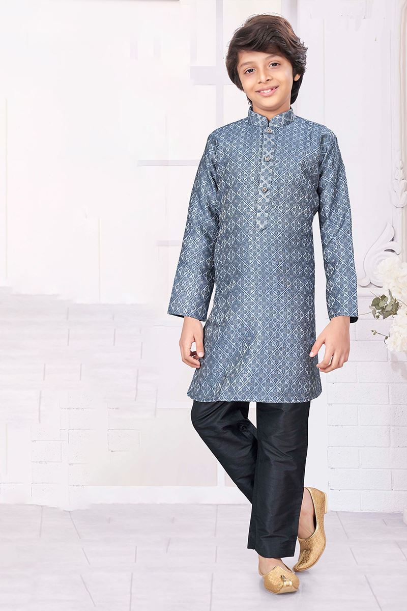 Charismatic Grey Colored Designer Kid’s Kurta Pajama Set for Festivals and Party