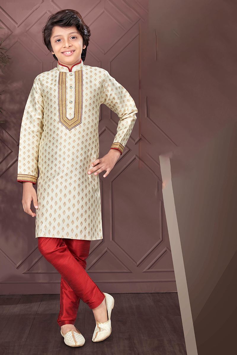 Splendid Cream Colored Designer Kid’s Kurta Pajama Set for Festivals, Reception, and Party